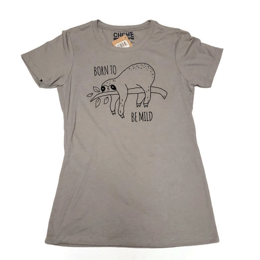 Choke Brand Sloth Born To Be Mild T-Shirt Juniors Size Medium Gray Short Sleeve.
